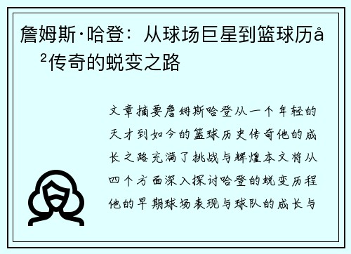 詹姆斯·哈登：从球场巨星到篮球历史传奇的蜕变之路